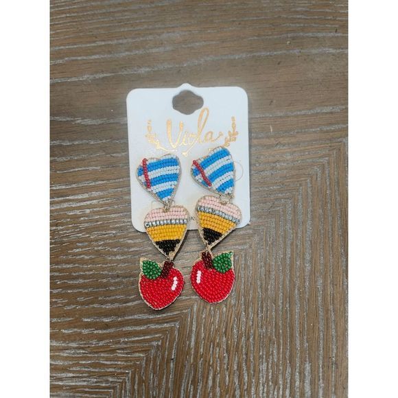 Teacher Apple Paper and Pencil Seed Bead Earrings - Picture 2 of 3